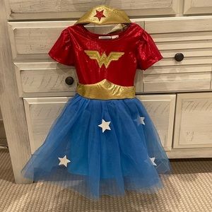 Kids Wonder Woman Halloween costume and treat bag.